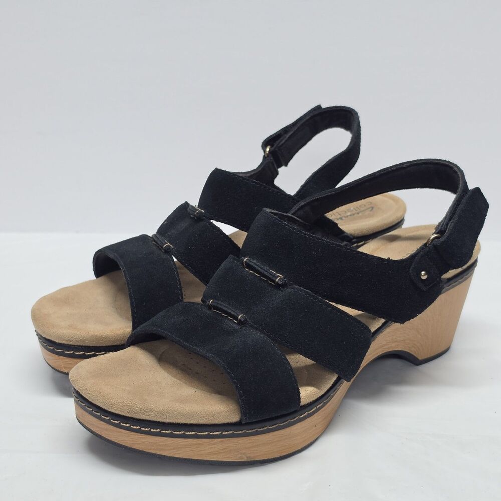 Clarks Seannah Glow Suede Wedge Sandal In Black Womens Sz 10 Wide Slingback